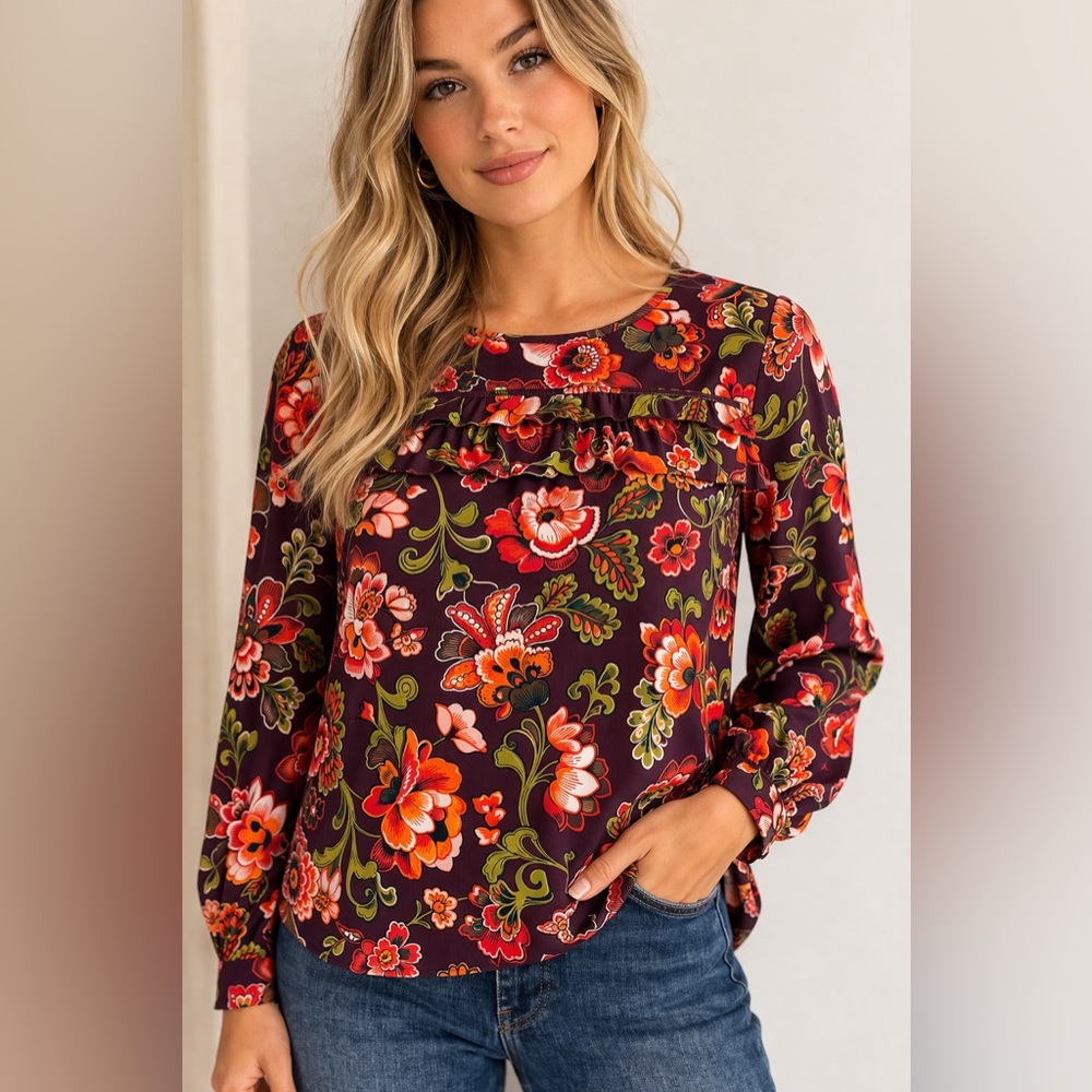 LOFT Floral Tie Neck Blouse Size Small Boho Retro Long Sleeve Burgundy Orange